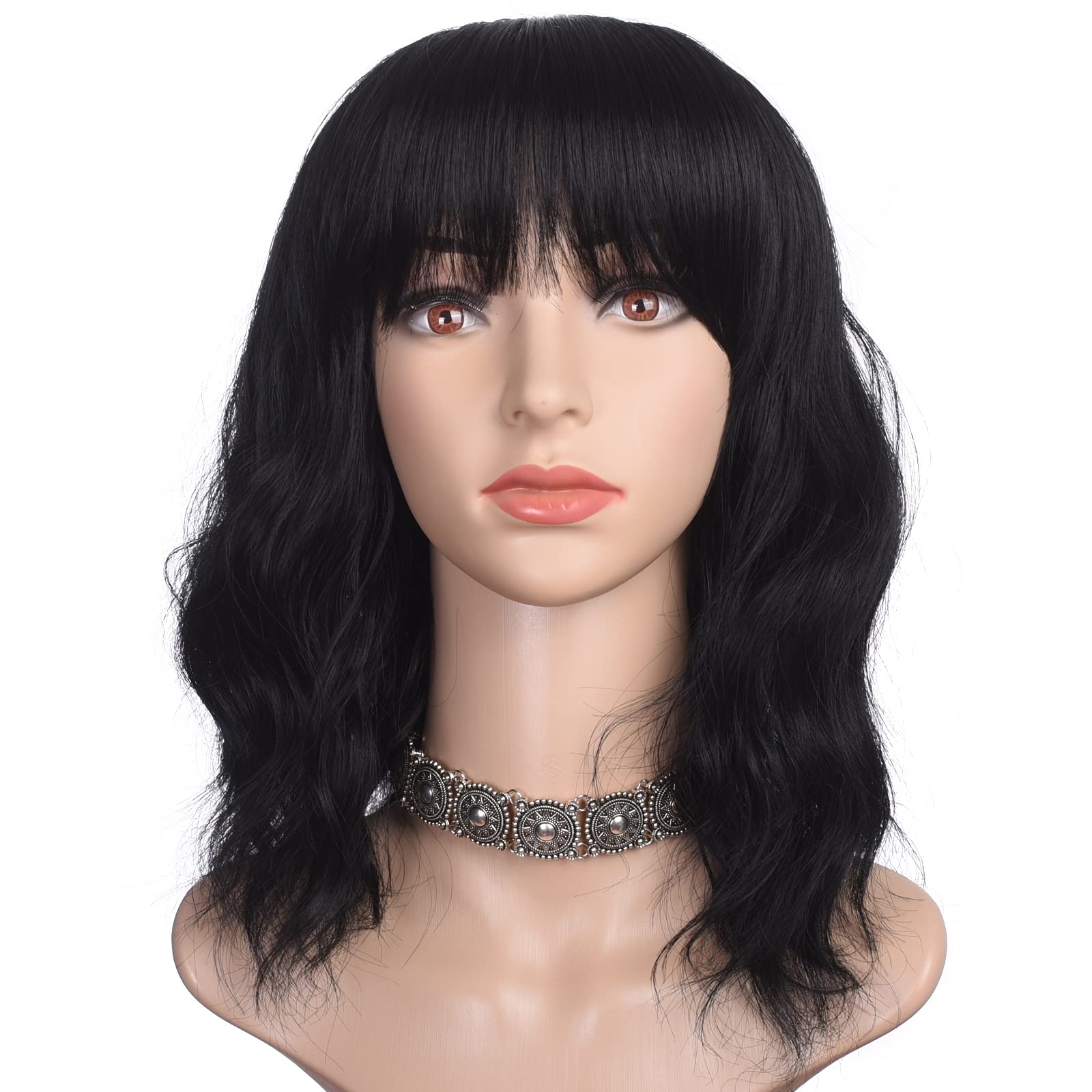Morvally short black wavy bob wig 16in back view reveals even density and natural silhouette.