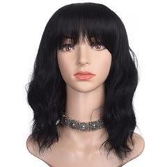 Morvally short black wavy bob wig 16in back view reveals even density and natural silhouette.