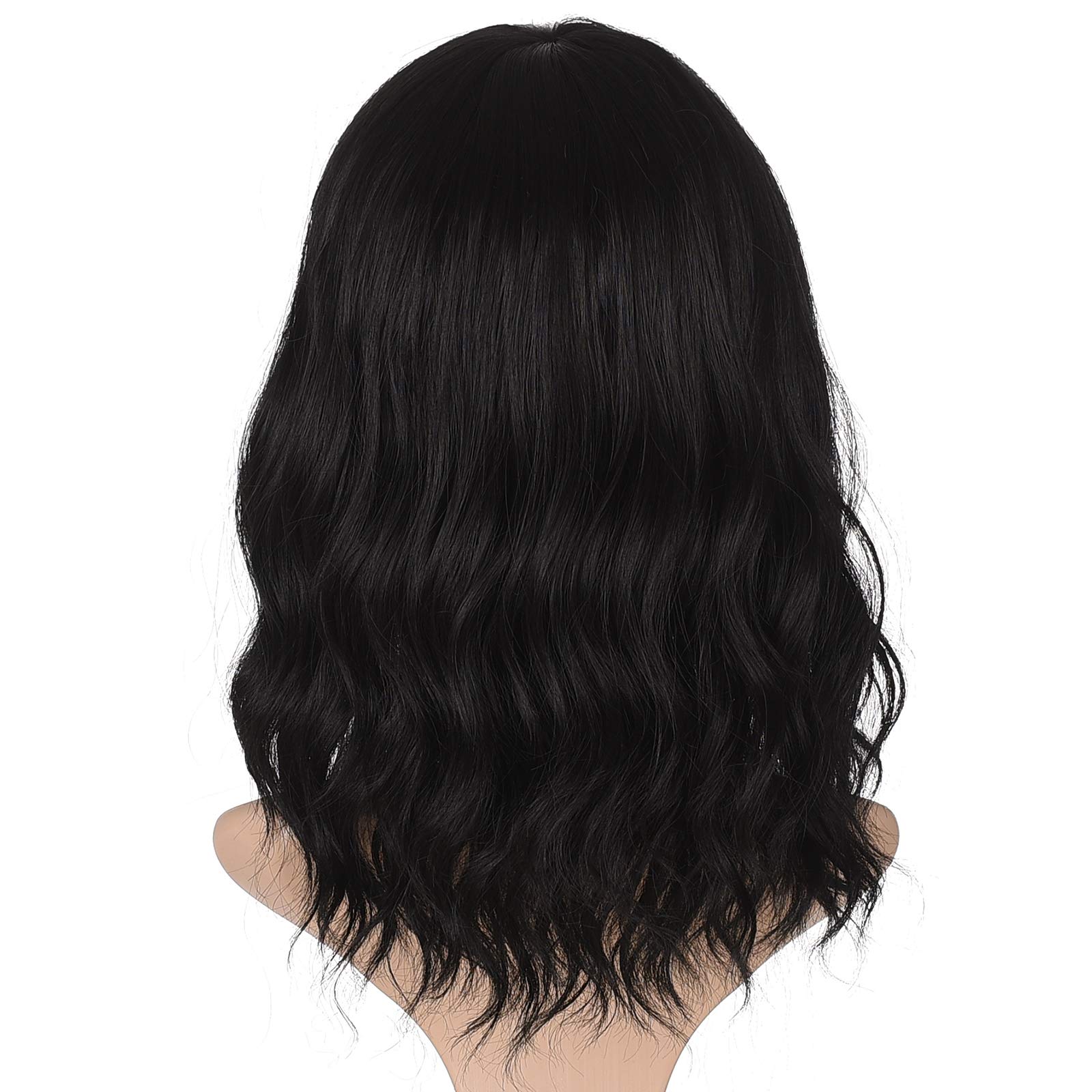Morvally short black wavy bob wig 16in bangs focus on framing face.