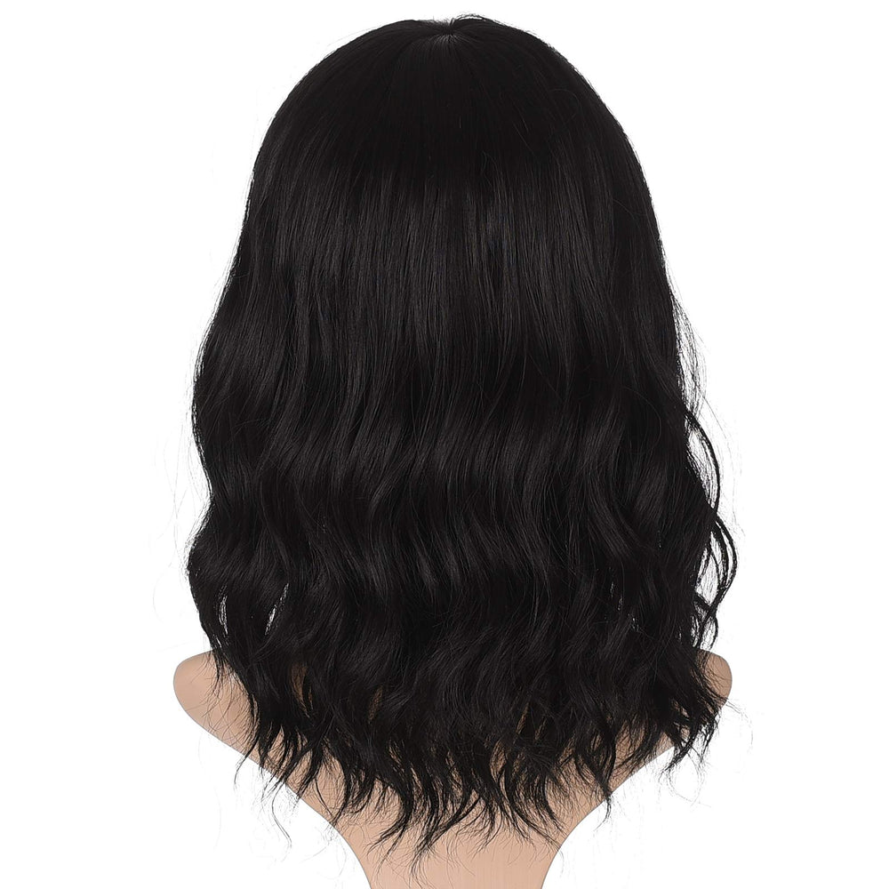 Morvally short black wavy bob wig 16in bangs focus on framing face.