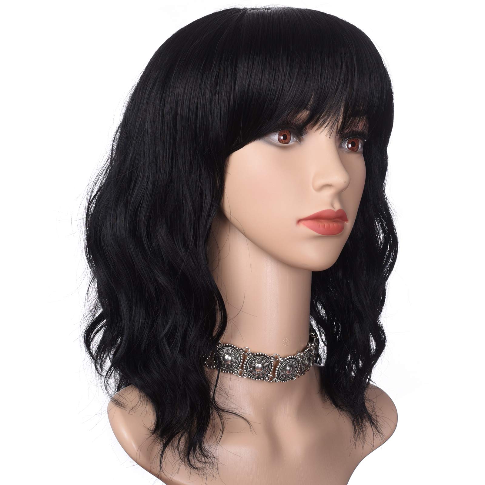 Morvally short black wavy bob wig 16in close-up curl highlights texture and fiber quality.