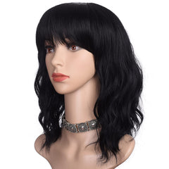 Morvally short black wavy bob wig 16in front view showcases natural movement for everyday wear.