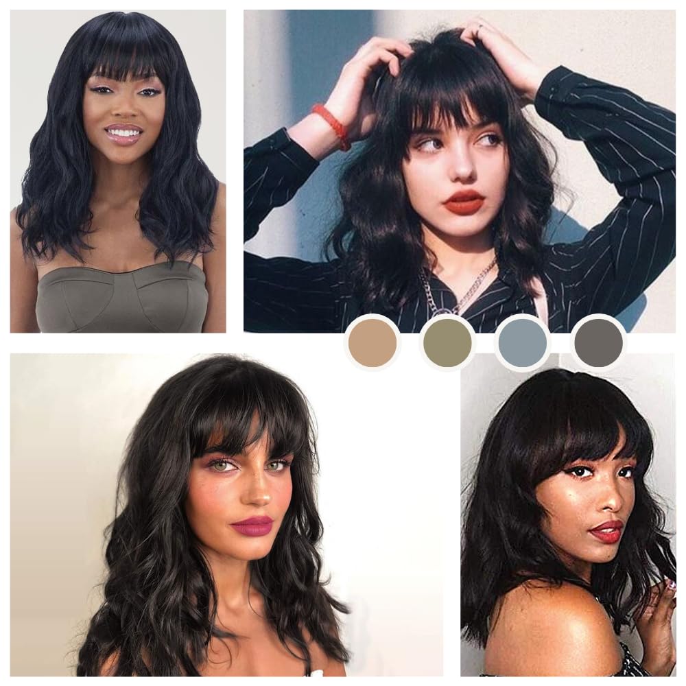 Morvally short black wavy bob wig 16in side view emphasizes seamless styling versatility.