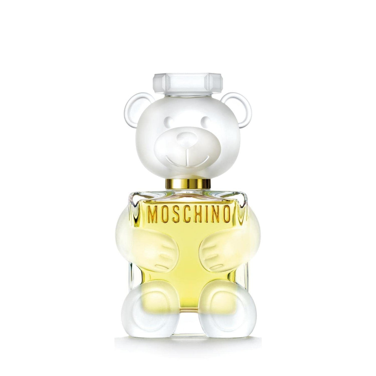 Moschino Toy 2 bottle front view in clear glass with satin finishes for premium presentation.