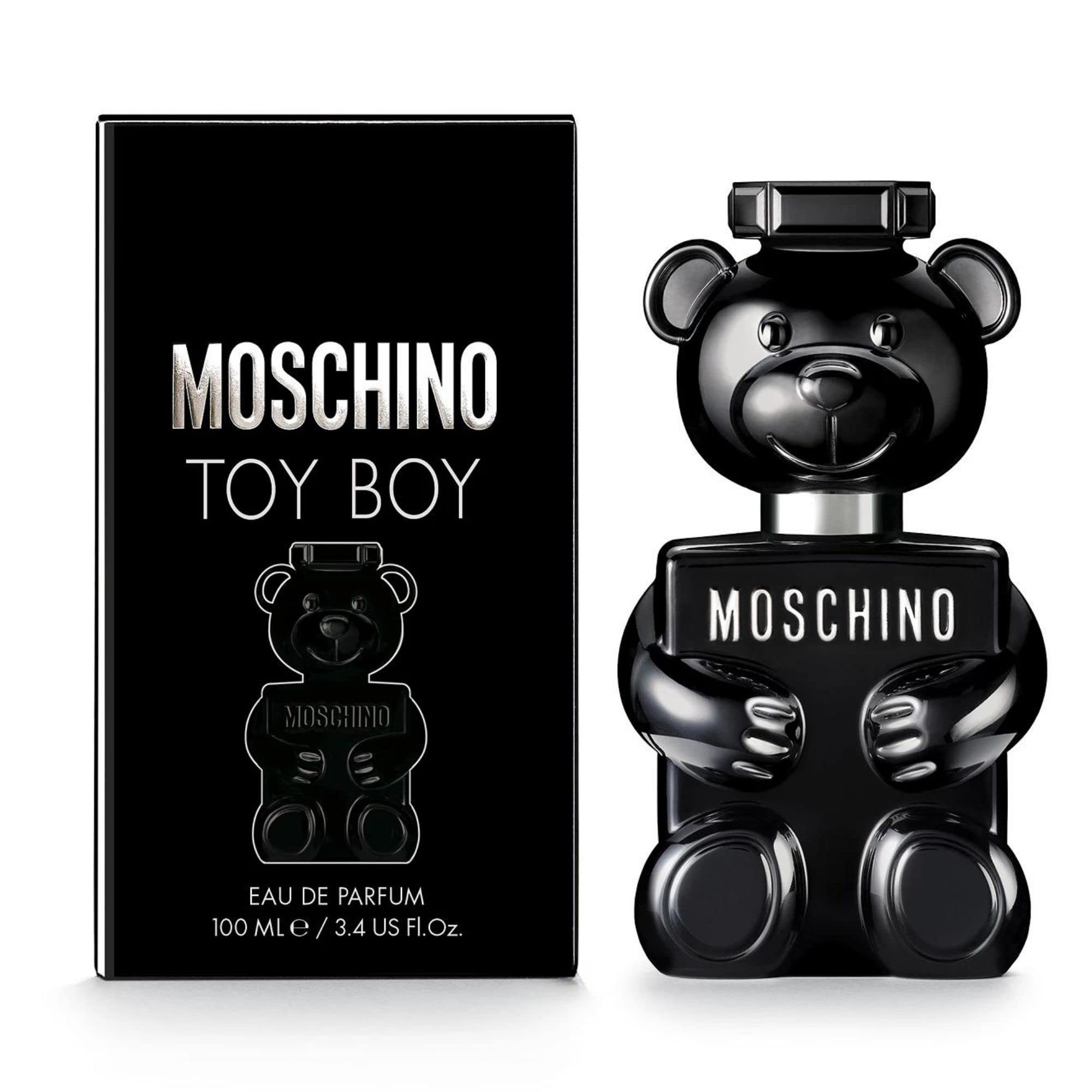 Moschino Toy Boy fragrance bottle in black glass with a bold evening scent.
