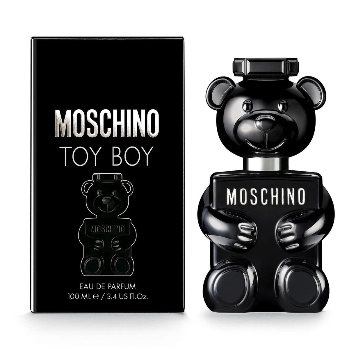 Moschino Toy Boy fragrance bottle in black glass with a bold evening scent.