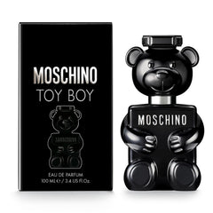 Moschino Toy Boy fragrance bottle in black glass with a bold evening scent.