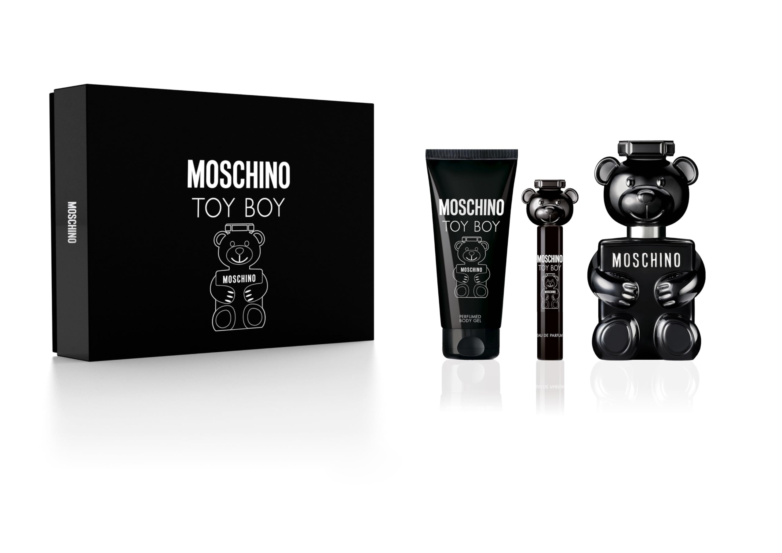 Moschino Toy Boy 3-piece gift set with EDP spray, shower gel, and travel spray for versatile wear.
