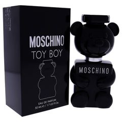 Moschino Toy Boy packaging box and typography on display.