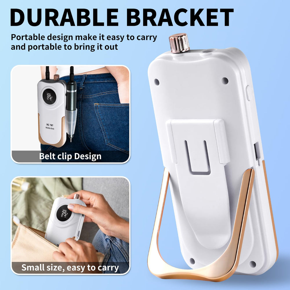 MOSKANY nail drill with belt clip enables portable on-the-go manicures.