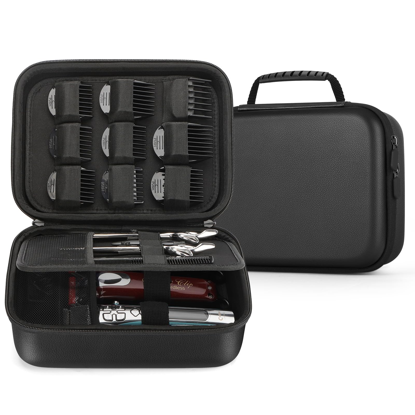 MOSLA hard barber case front view shows durable protection for clippers on the go