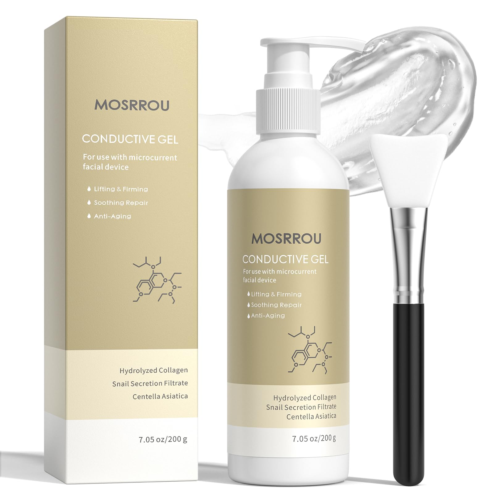 MOSRROU conductive gel bottle close-up for smooth microcurrent sessions.