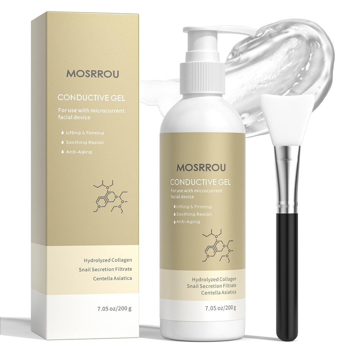 MOSRROU conductive gel bottle close-up for smooth microcurrent sessions.