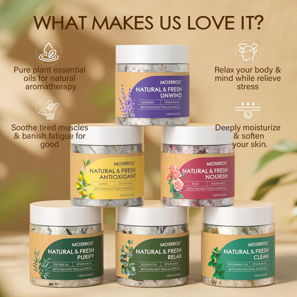 MOSRROU epsom bath salts 6-piece set essential oils closeup promotes spa-like aroma.