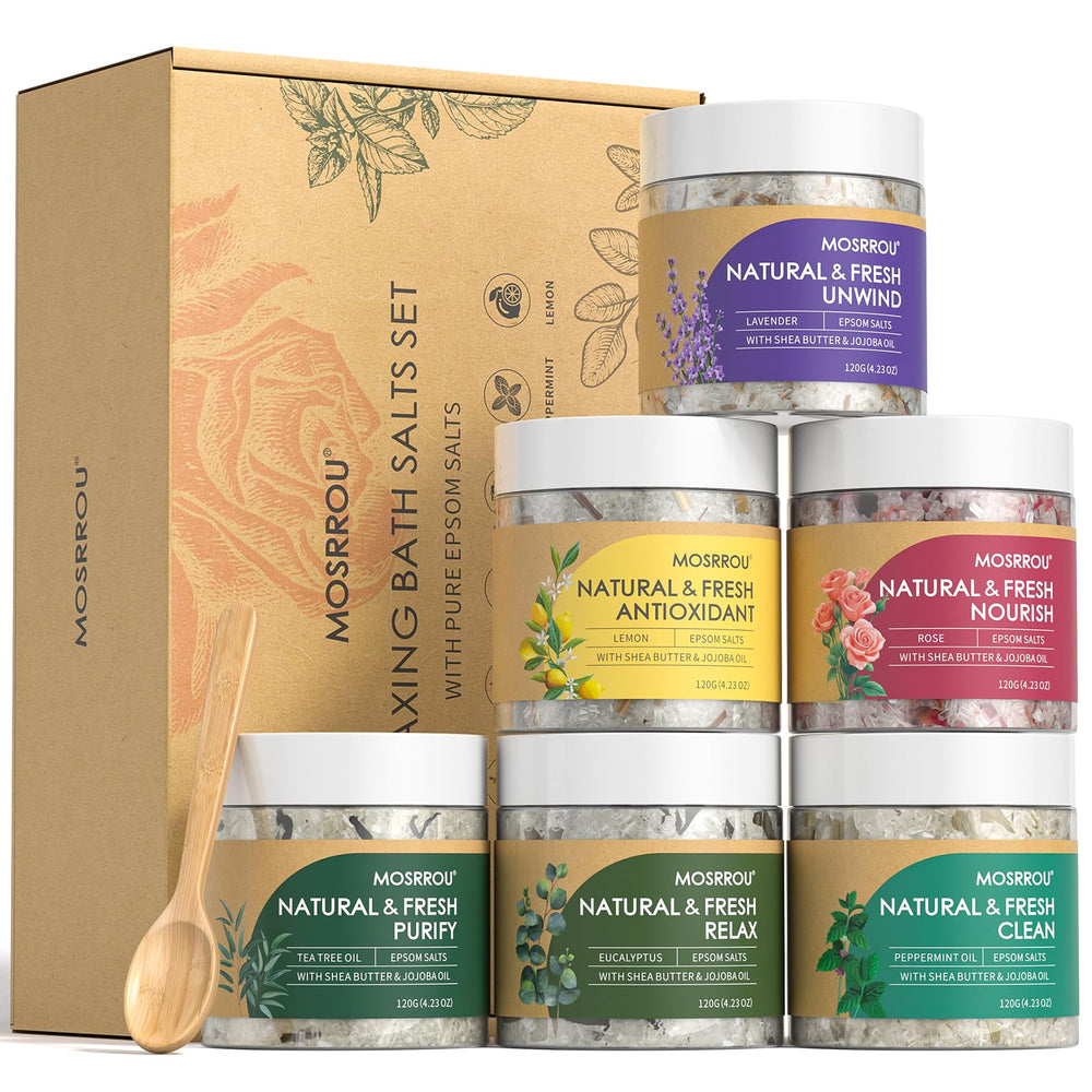 MOSRROU epsom bath salts 6-piece set front packaging signals gift-ready relaxation.