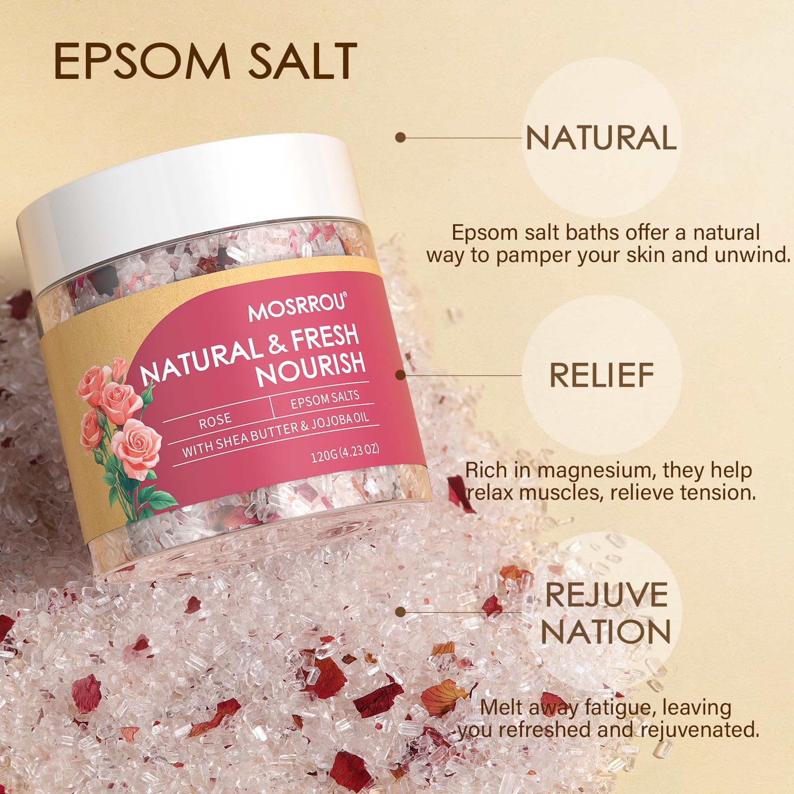 MOSRROU epsom bath salts rose closeup nourishes skin with gentle fragrance.