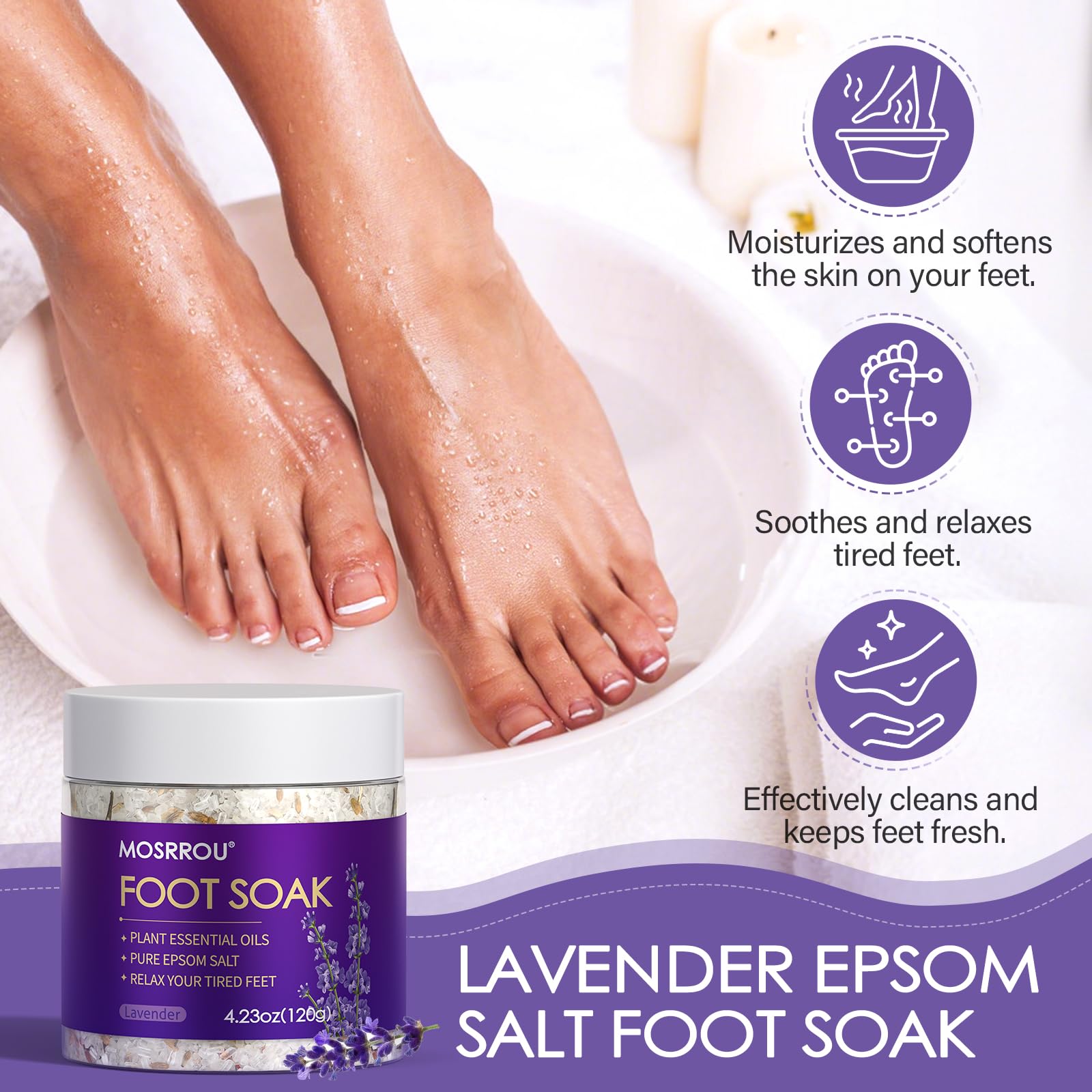 MOSRROU foot soak salts lavender for a relaxing spa-like foot bath.
