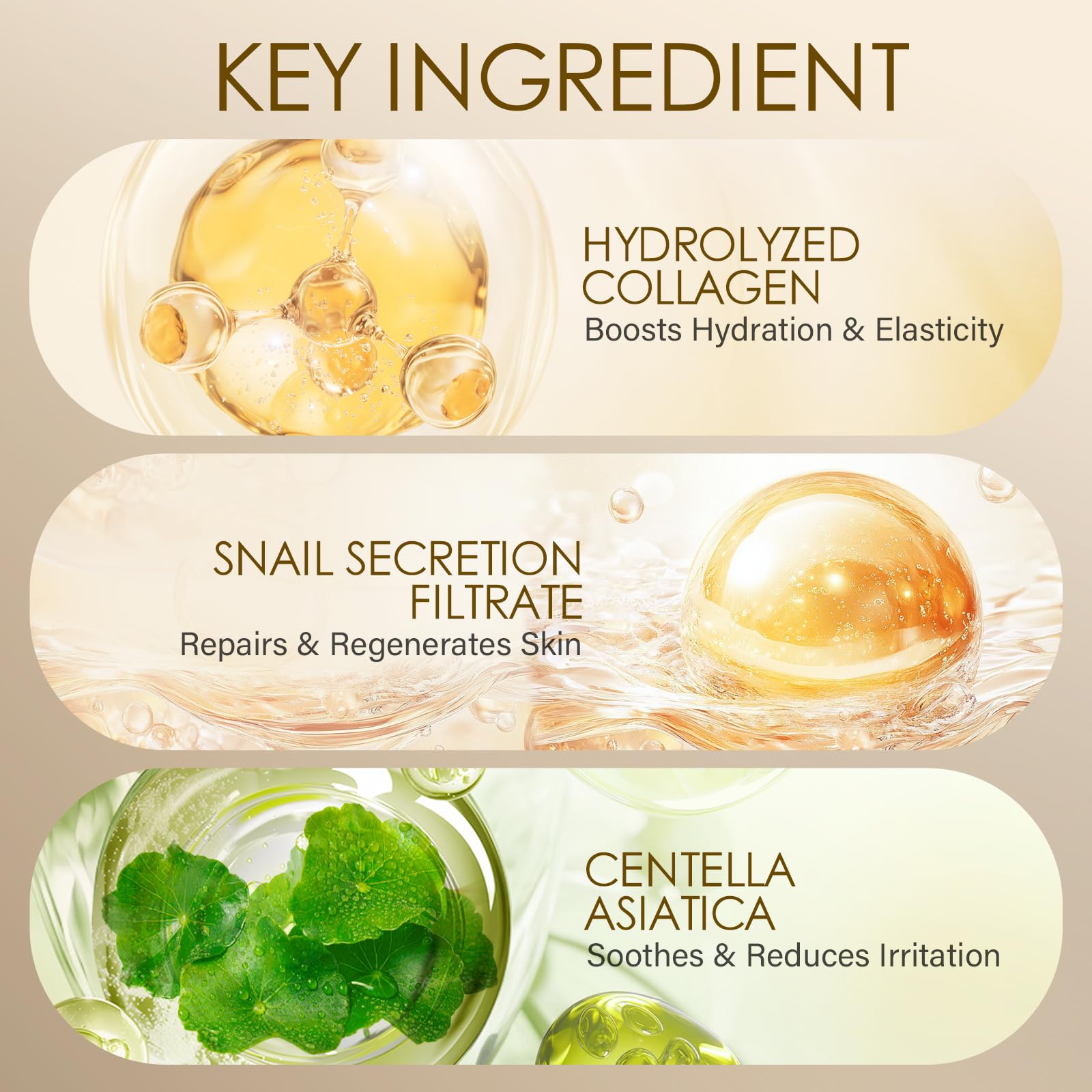 MOSRROU snail mucin and Centella ingredients highlight skin hydration.