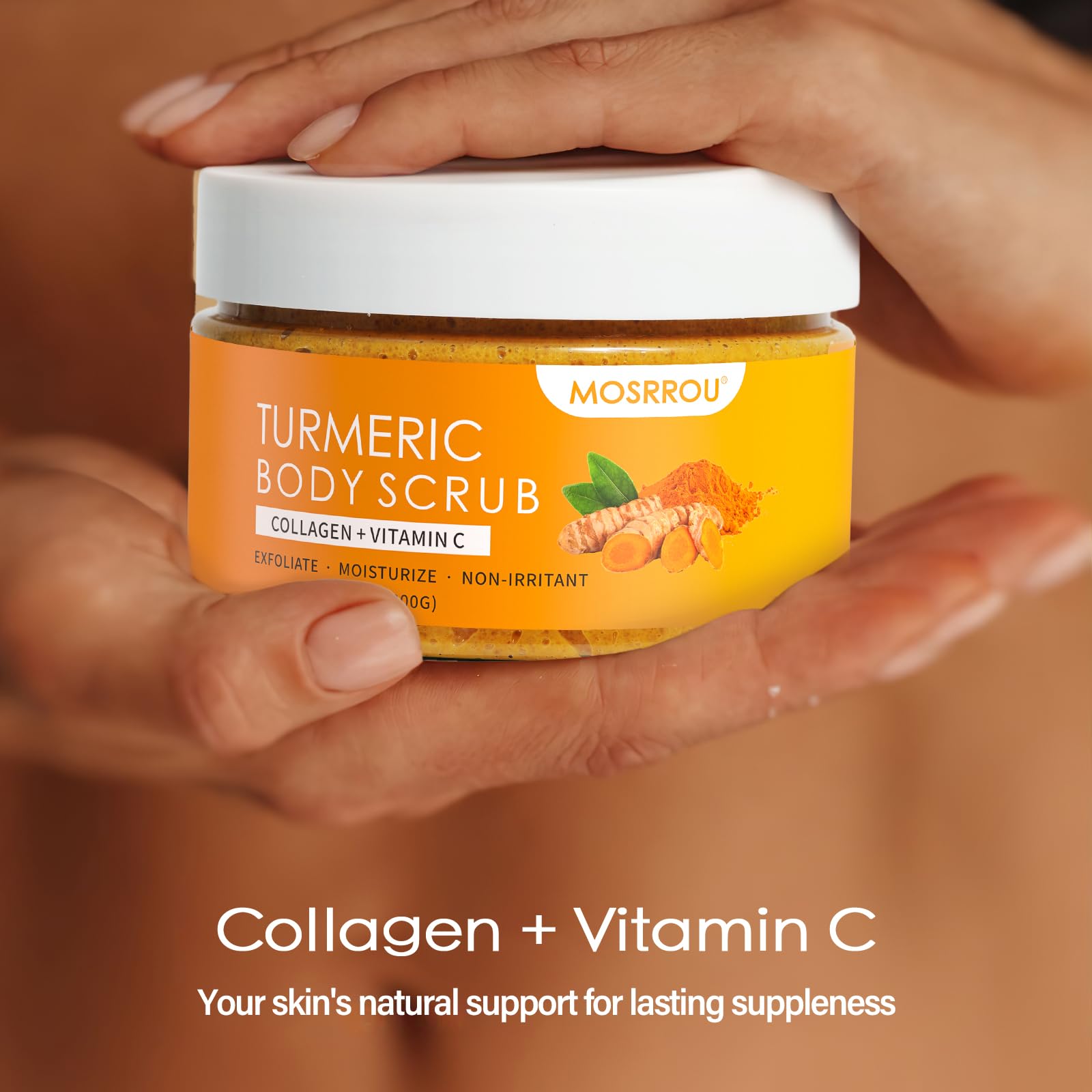 MOSRROU Turmeric Scrub loofah-use highlights easy cleansing with gentle texture.
