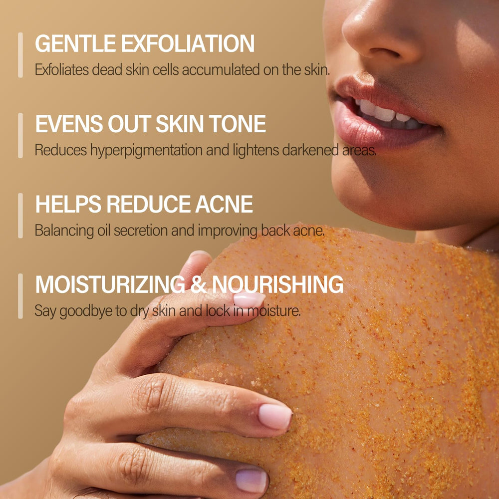MOSRROU Turmeric Scrub texture closeup highlights gentle walnut-shell exfoliation.