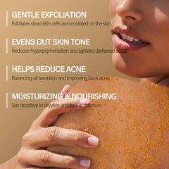 MOSRROU Turmeric Scrub texture closeup highlights gentle walnut-shell exfoliation.