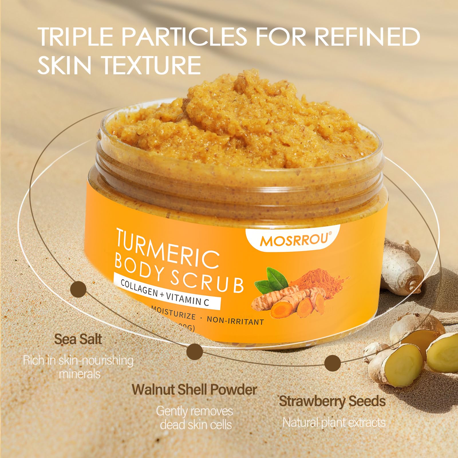 MOSRROU Turmeric Scrub vitamin-c essence emphasizes brightening and antioxidant benefits.