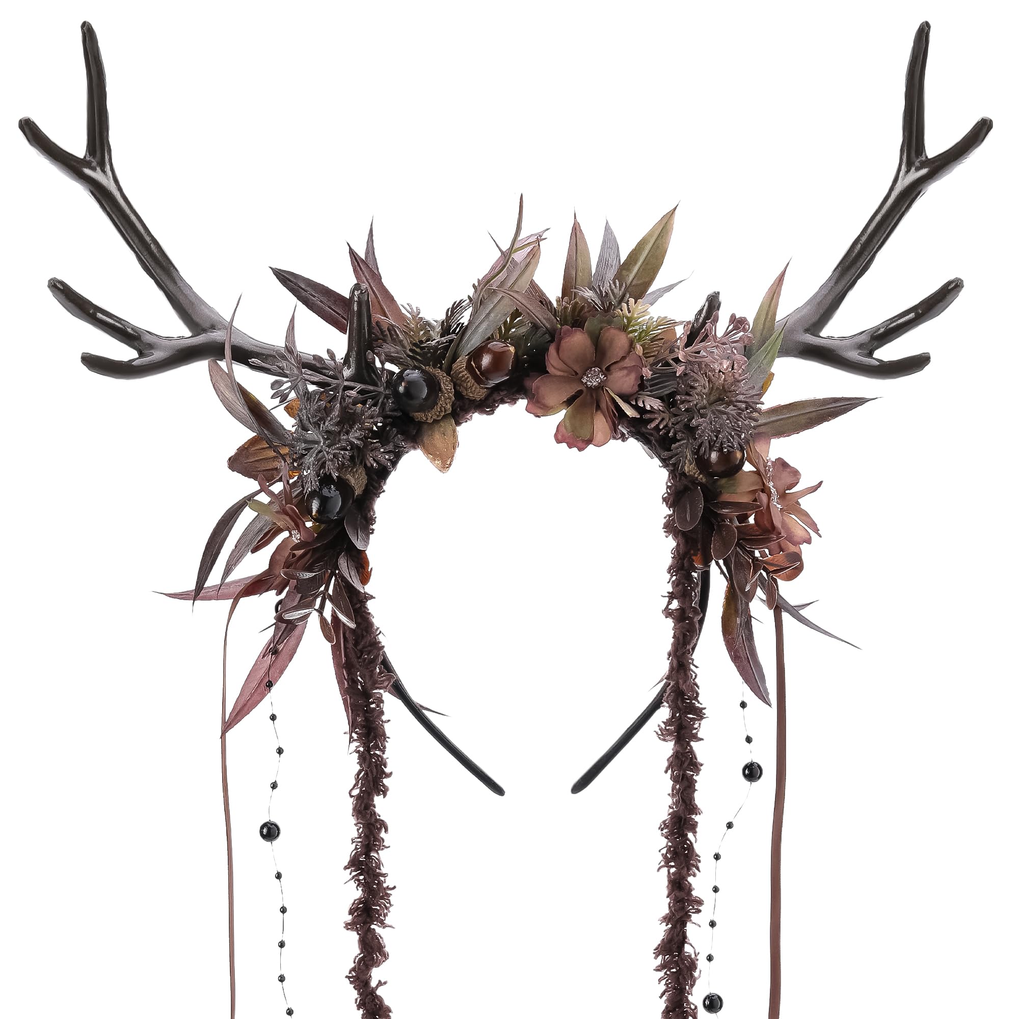 MOSTORY Dark Flower Reindeer Headband antlers close-up shows handcrafted detail for dramatic woodland cosplay