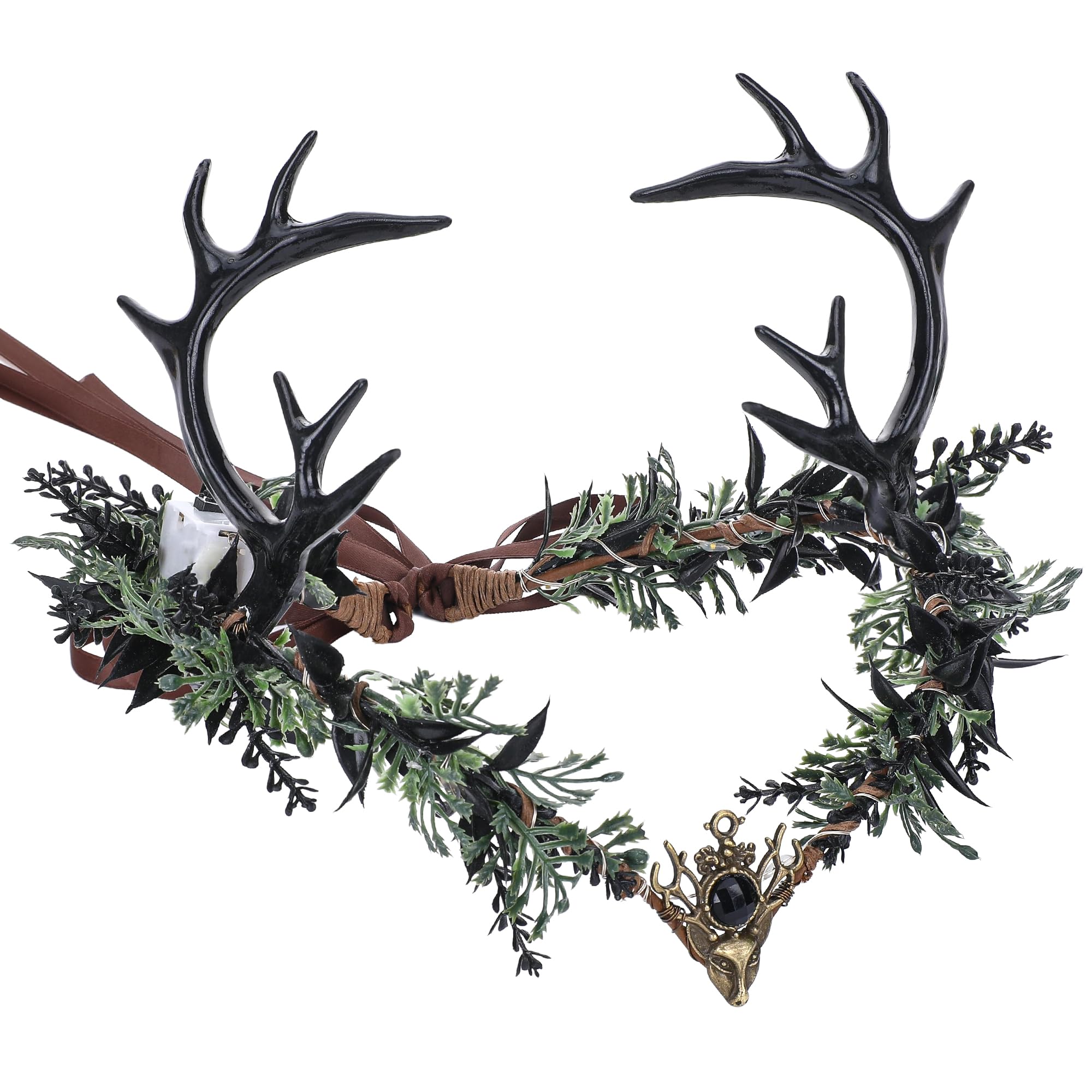 MOSTORY Light Up Elf Crown close-up of black antler detailing for a festival-ready gothic woodland look.