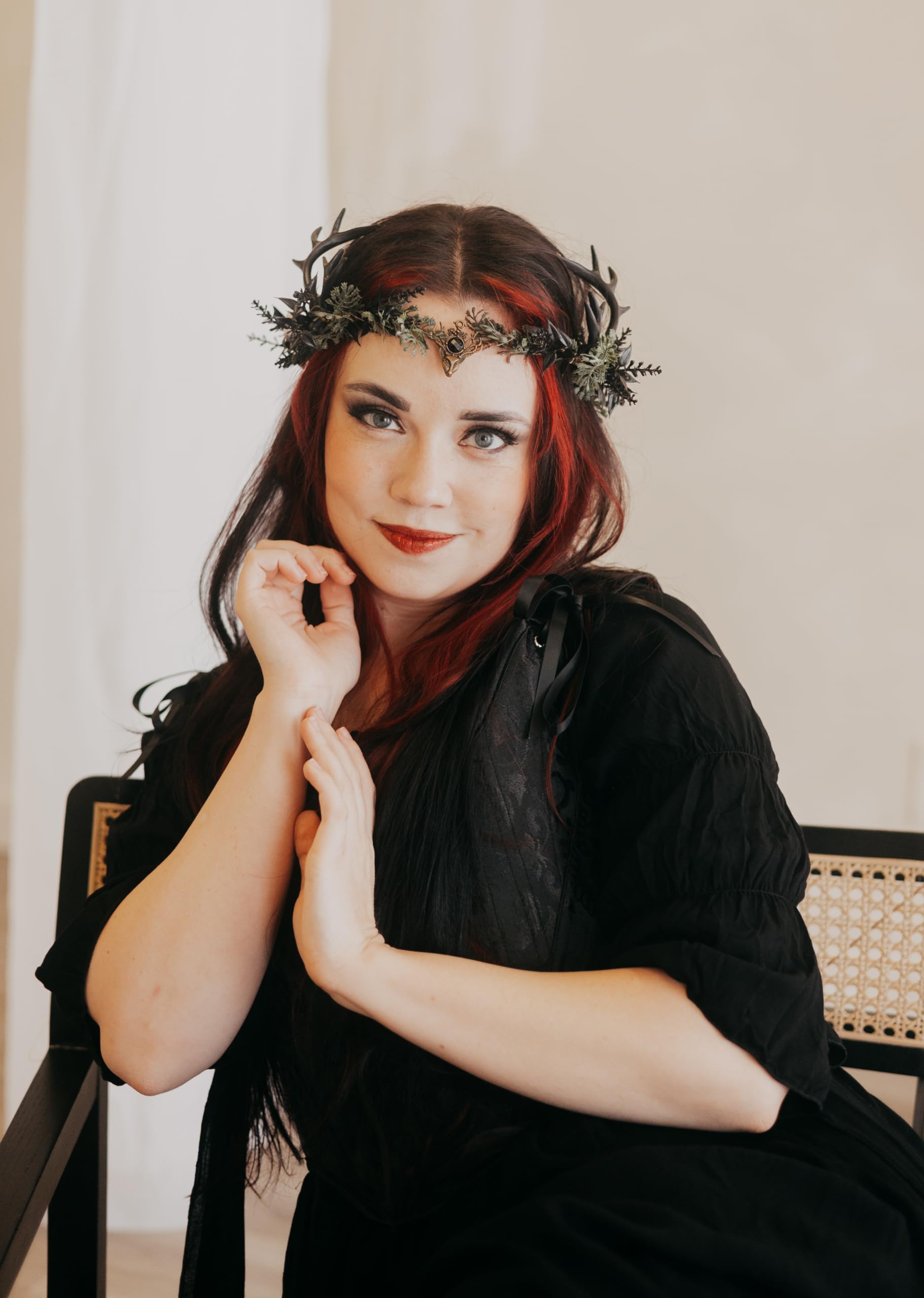MOSTORY Light Up Elf Crown worn model at Renaissance fair for magical aristocratic cosplay.