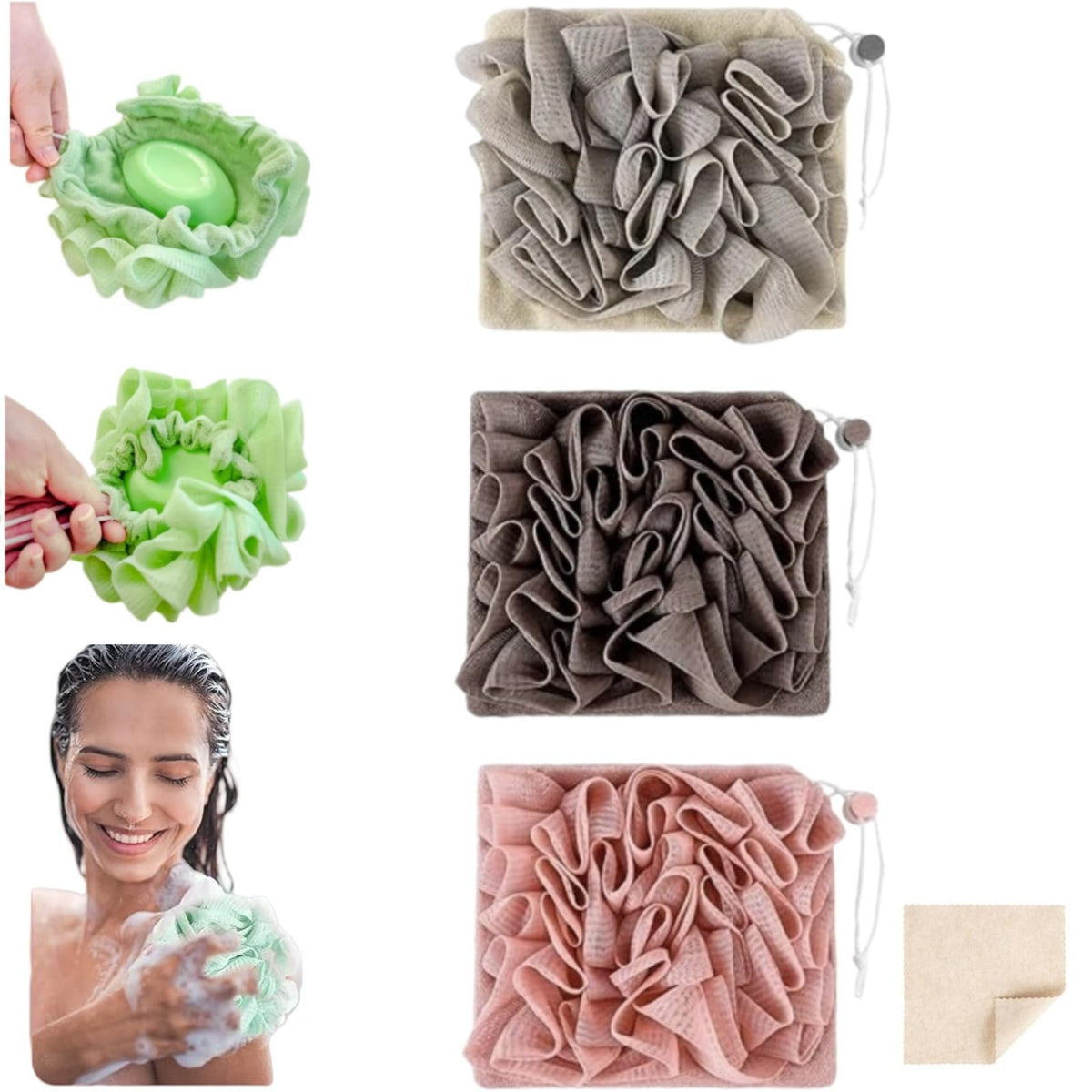 MOSYFEIBI 2-in-1 washcloth loofah holds bar soap for mess-free cleansing.