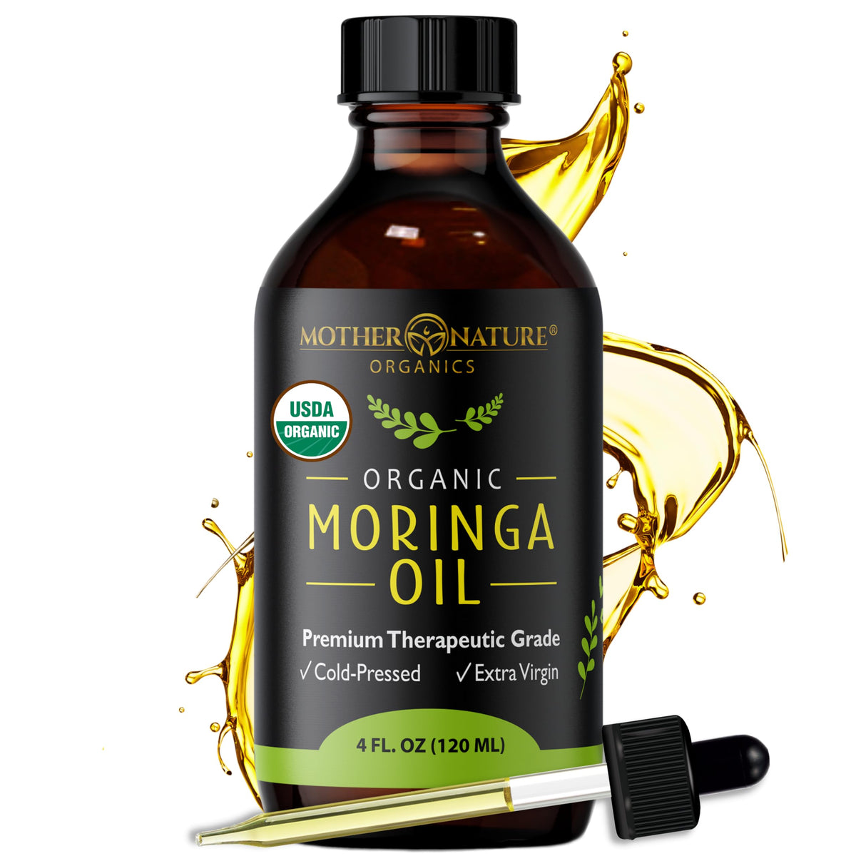 Mother Nature Organics Moringa Seed Oil bottle for facial hydration and skin nourishment.