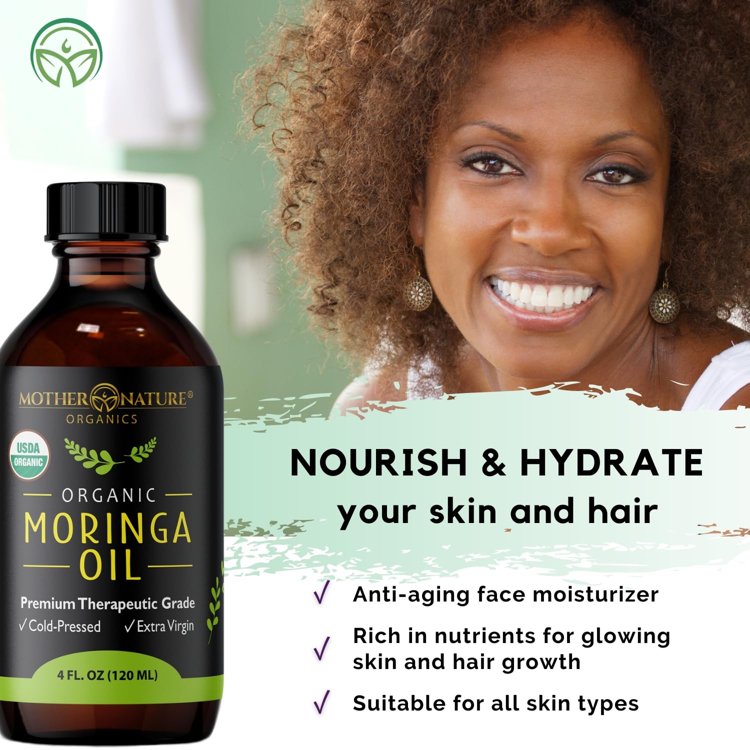 Mother Nature Organics Moringa Seed Oil used for hair care, boosting shine and scalp nourishment.