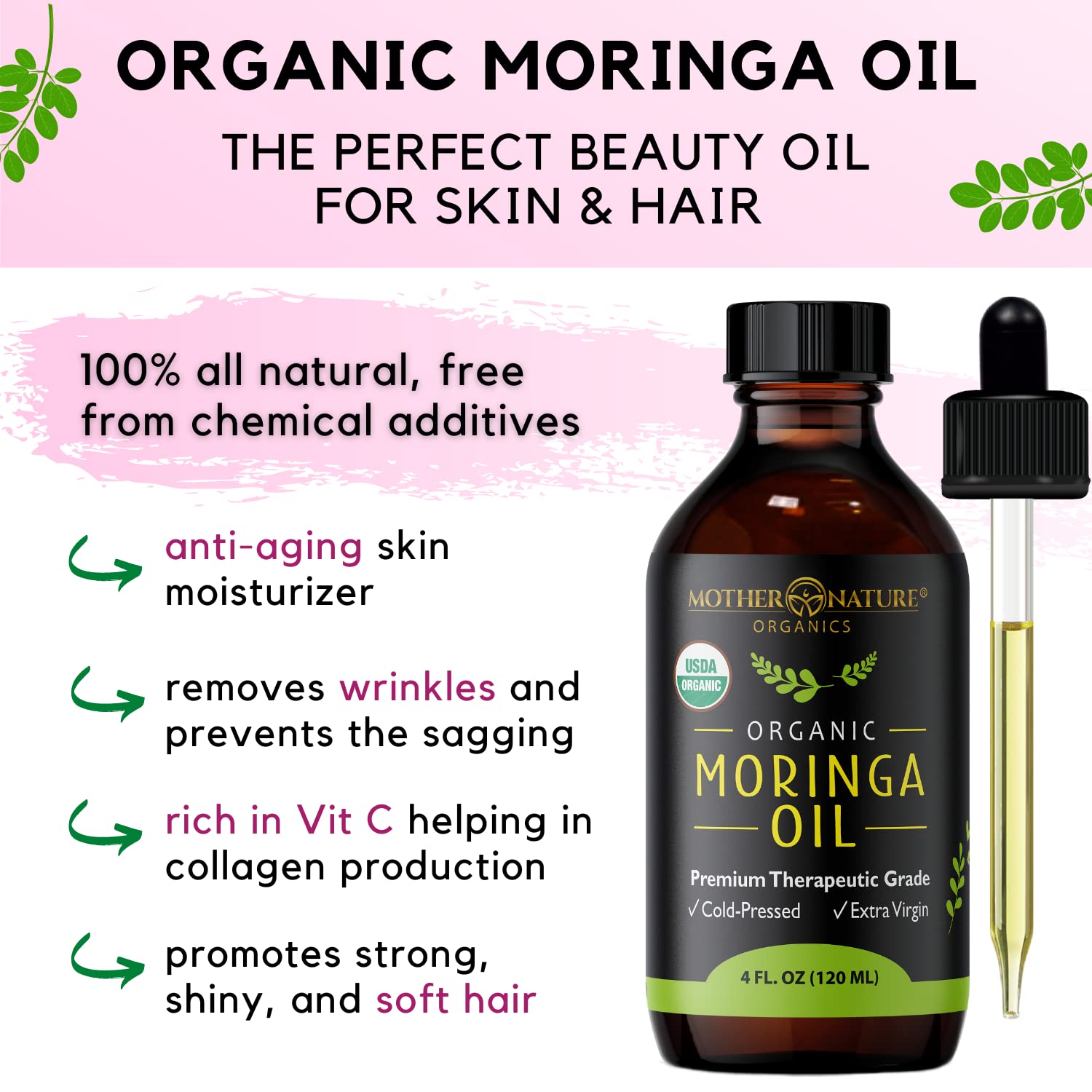 Product shelf image showing premium organic Moringa Seed Oil with non-GMO traits.