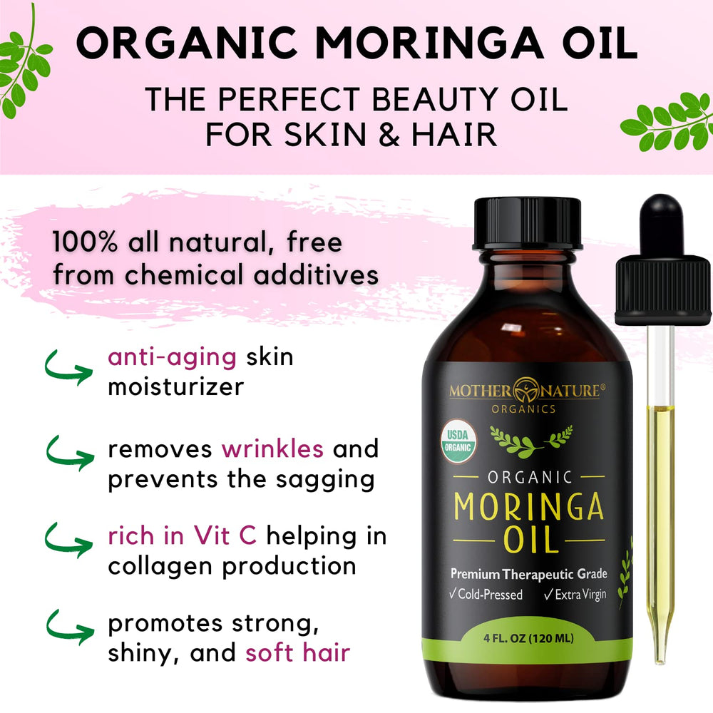 Product shelf image showing premium organic Moringa Seed Oil with non-GMO traits.