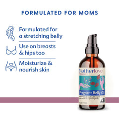 Product label of Motherlove Pregnant Belly Oil highlighting organic and vegan certifications