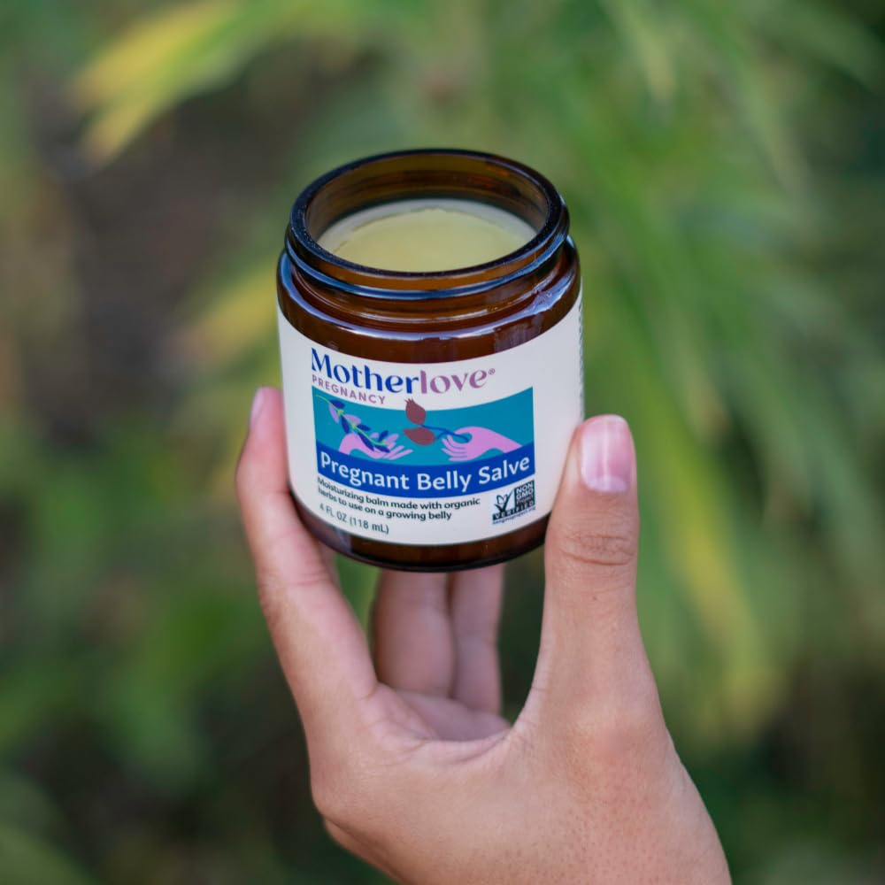 Motherlove belly salve on hips offers hydrating relief for skin during pregnancy