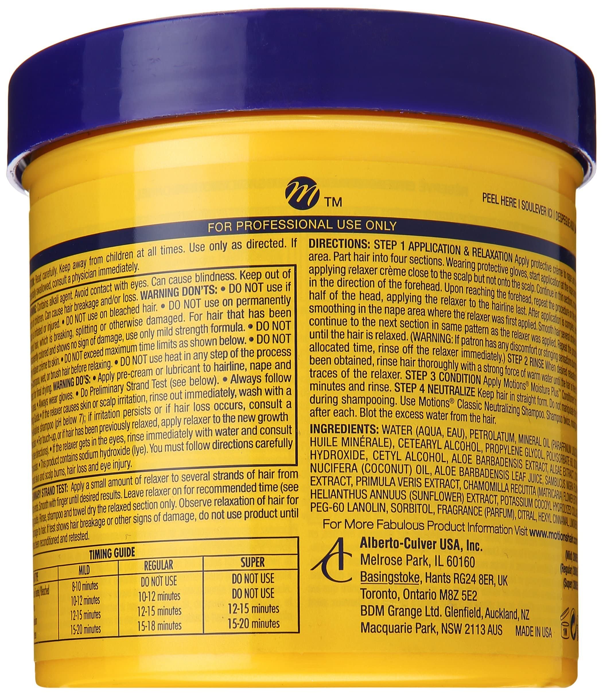 Motions MO33815 classic lye relaxer label highlights hydrating emollients for moisturized feel