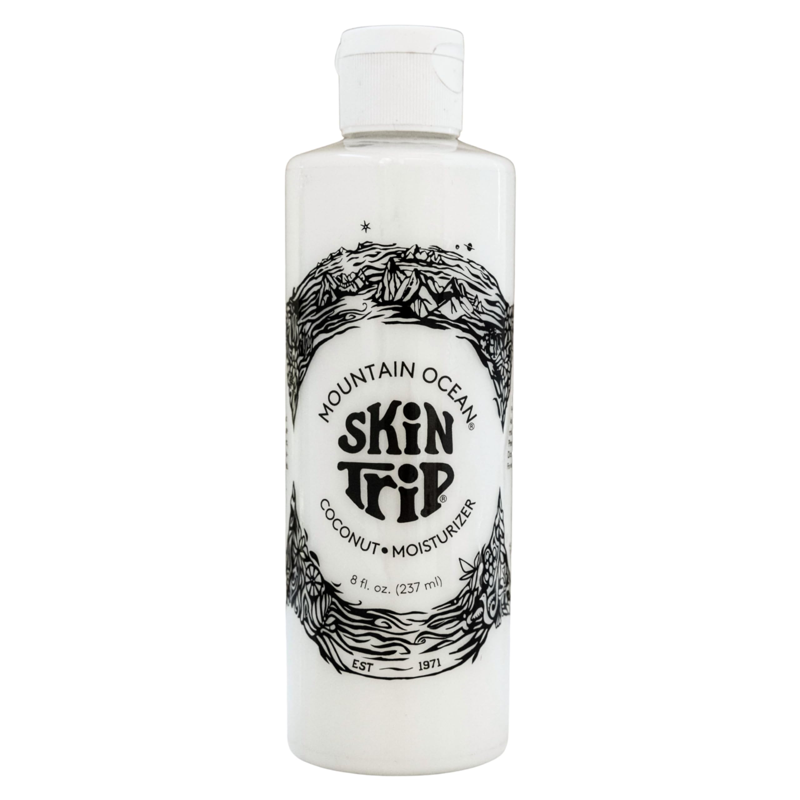 Mountain Ocean Skin Trip Coconut Body Lotion 8oz bottle front view emphasizing lightweight hydration for daily use.
