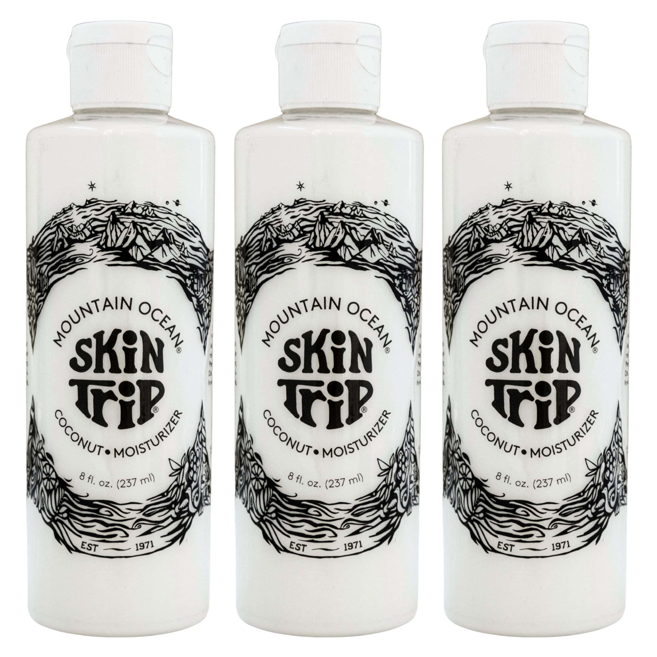 Mountain Ocean Skin Trip coconut body lotion bottle-pour shows quick hydration for daily use.