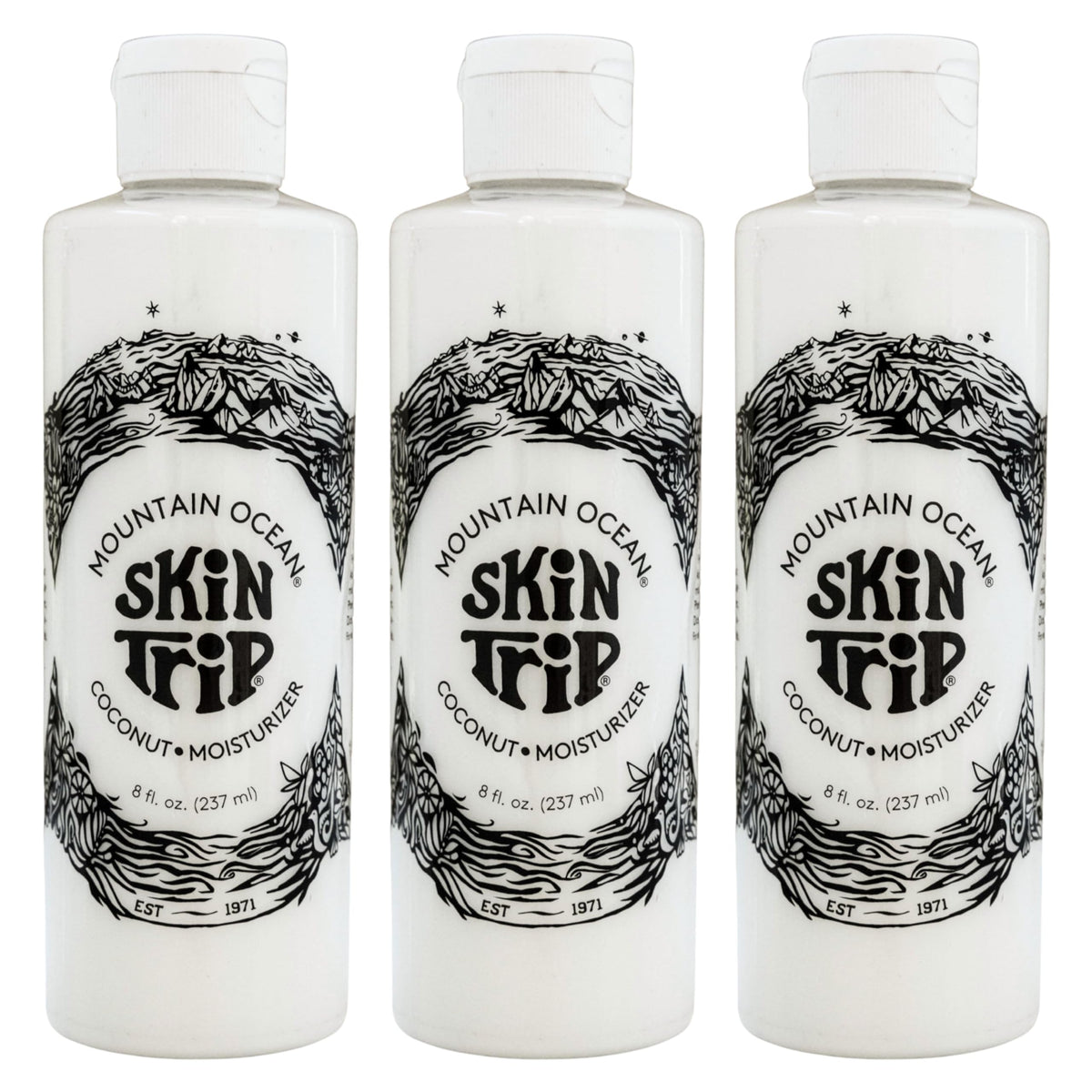Mountain Ocean Skin Trip coconut body lotion bottle-pour shows quick hydration for daily use.