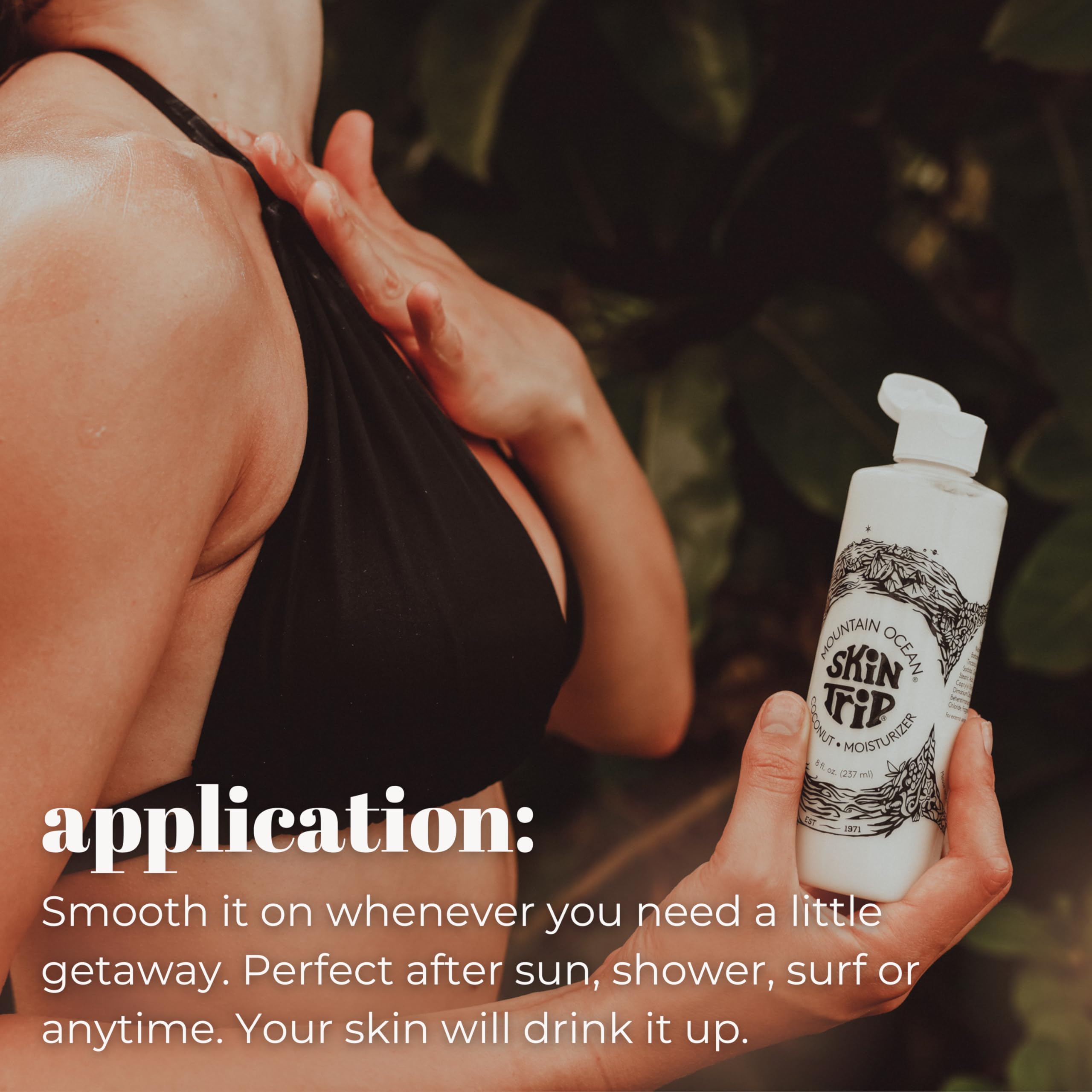 Mountain Ocean Skin Trip coconut body lotion texture-swirl captures lightweight, non-greasy absorption.