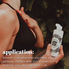 Mountain Ocean Skin Trip coconut body lotion texture-swirl captures lightweight, non-greasy absorption.