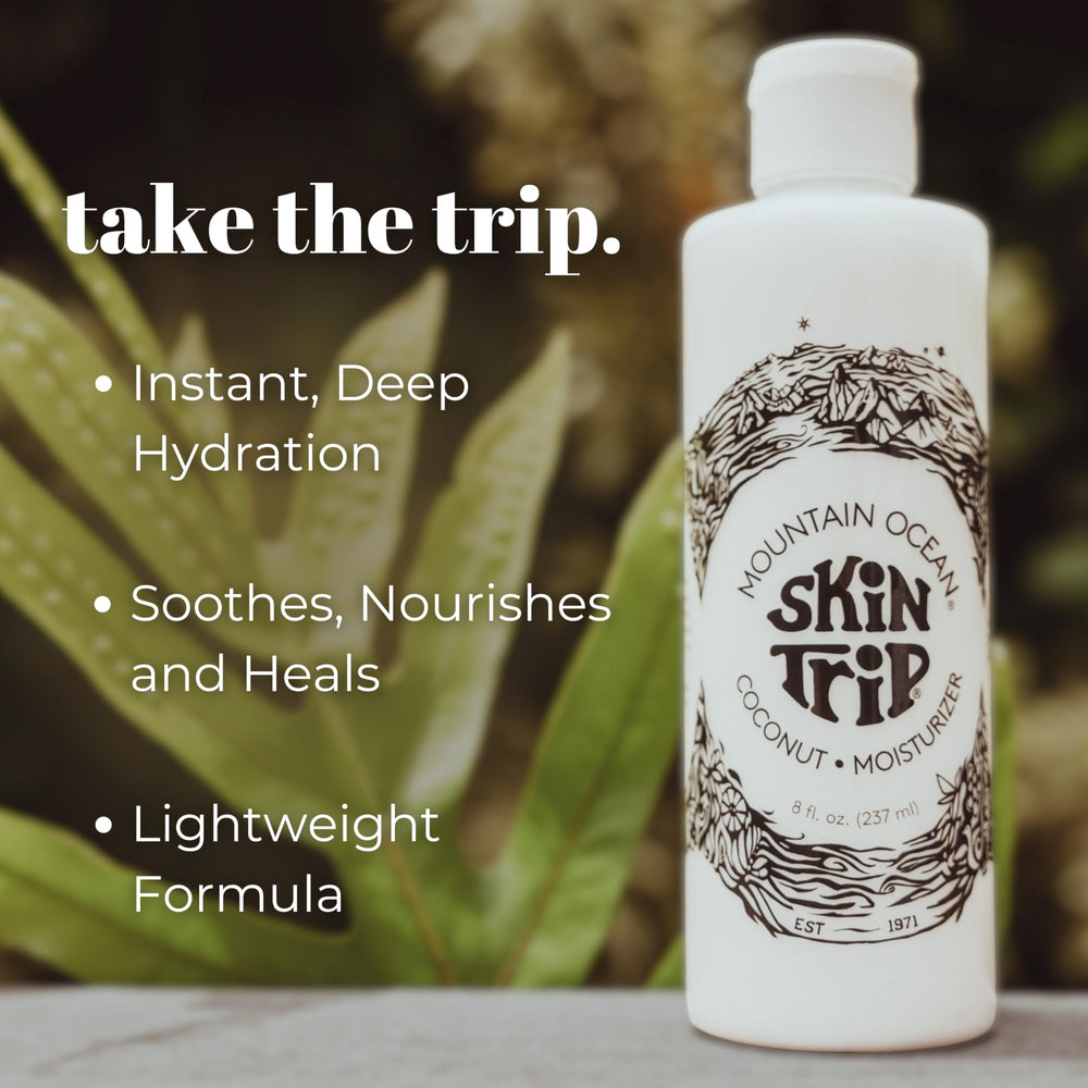 Mountain Ocean Skin Trip coconut lotion fragrance close-up evokes vacation vibes for daily ritual.