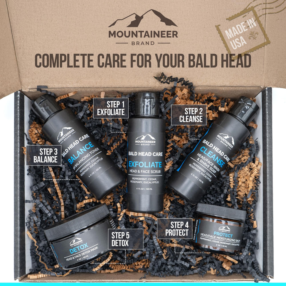 Mountaineer Brand Bald Head Care lifestyle shot promoting grooming routine