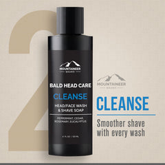 Mountaineer Brand Bald Head Cleanse foam on skin demonstrates gentle cleansing and hydration