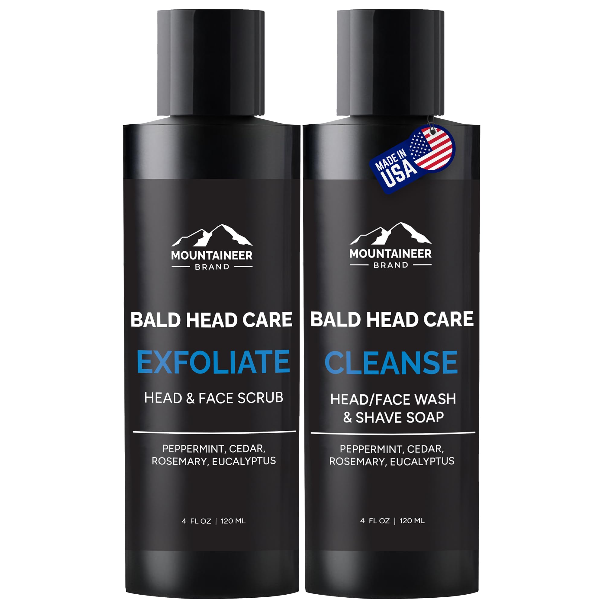 Mountaineer Brand Bald Head Exfoliator bottle closeup highlights hydrating exfoliation