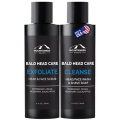 Mountaineer Brand Bald Head Exfoliator bottle closeup highlights hydrating exfoliation