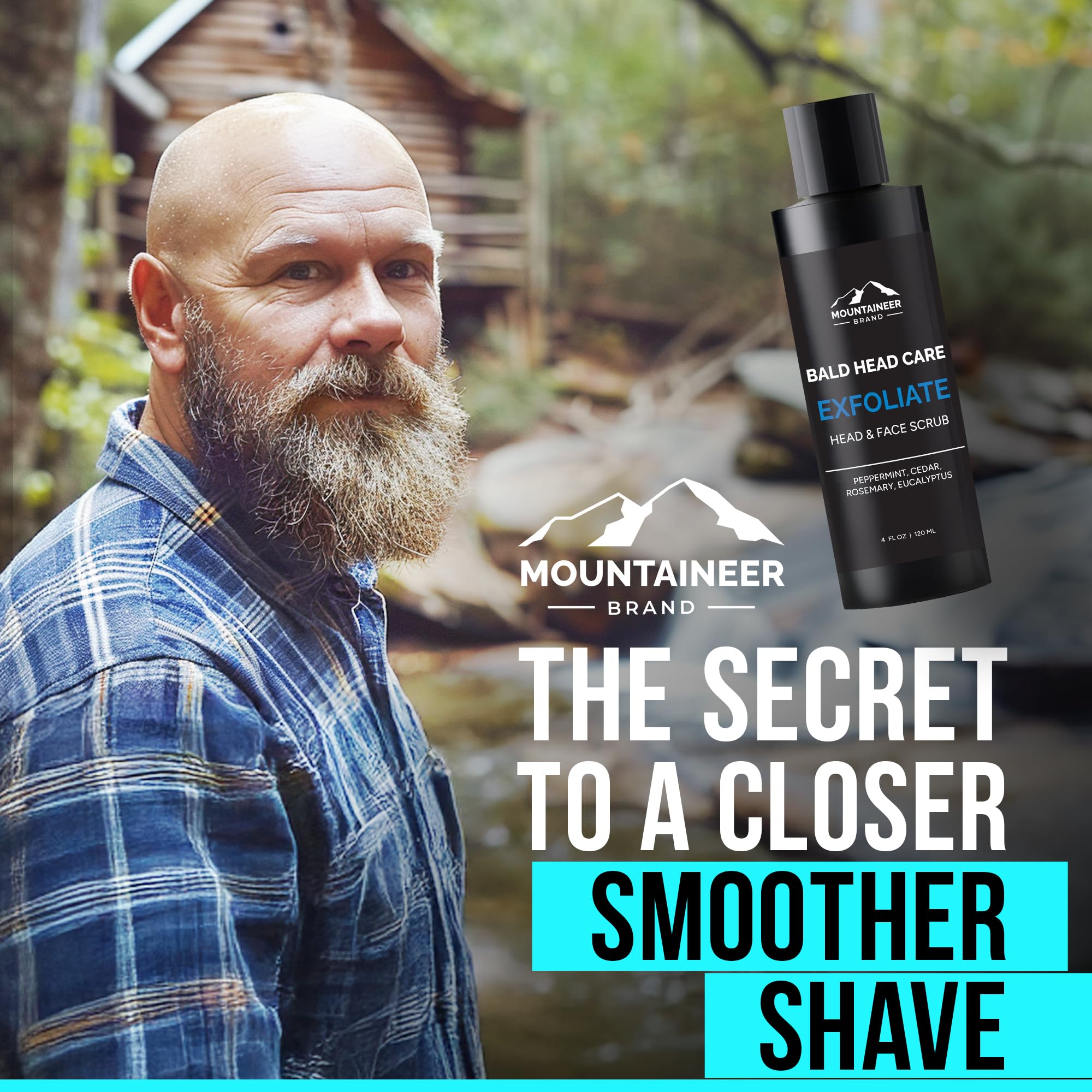 Mountaineer Brand Bald Head Exfoliator hands applying scrub for soothing exfoliation