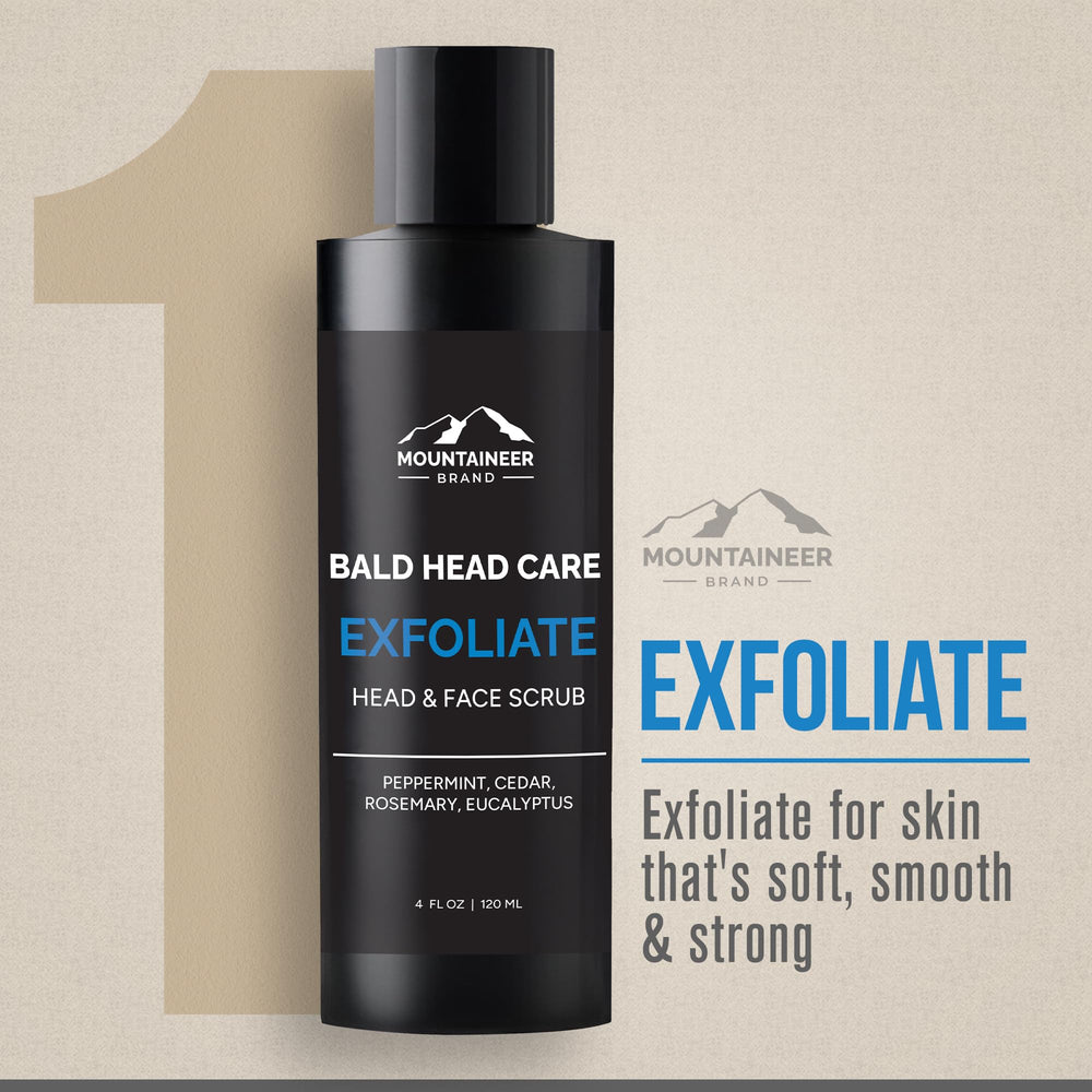 Mountaineer Brand Bald Head Exfoliator jar open, showcasing natural ingredients
