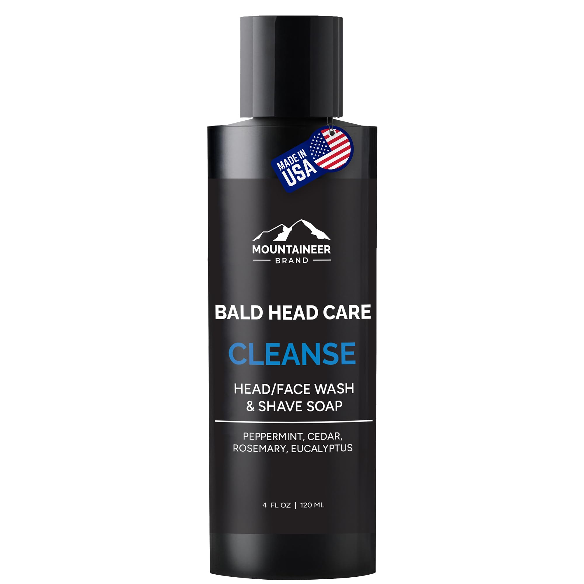 Mountaineer Brand Bald Head Wash bottle delivers a daily scalp cleanse with fresh, natural scent.